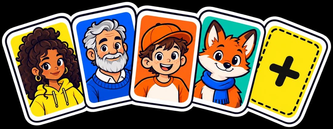 A row of character cards with an empty card to add your own.
