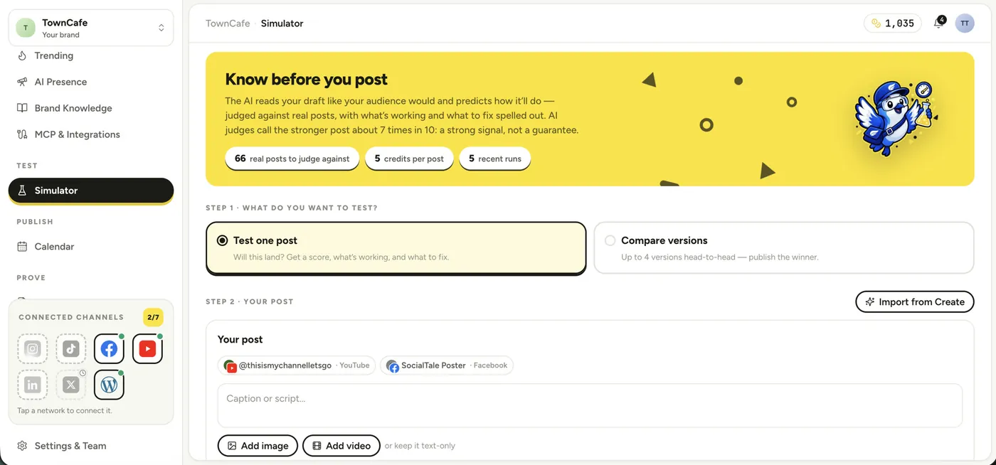 The real Postonomous Simulator screen: test one post or compare up to four versions head to head before publishing.