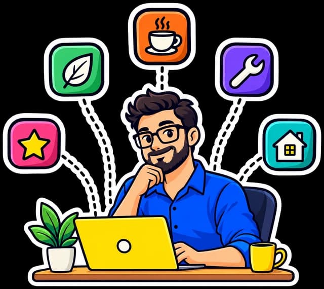 An agency owner at a laptop, linked by dashed lines to five different client brands.