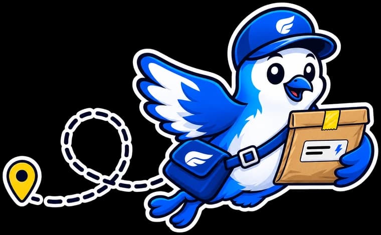 The courier bird glides in with the small padded parcel, a dashed route looping behind him.