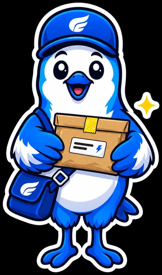 The Postonomous courier bird holds out a small padded parcel with a lightning bolt on its label.