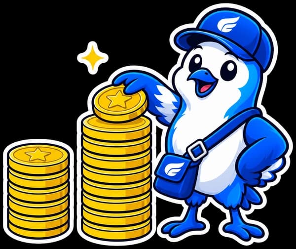 The courier bird adds one more coin to the taller of two stacks of coins.