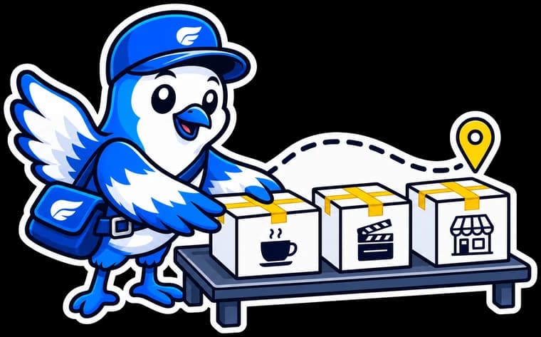 The courier bird lines up three parcels on a desk: one marked with a coffee cup, one with a clapperboard, one with a storefront.