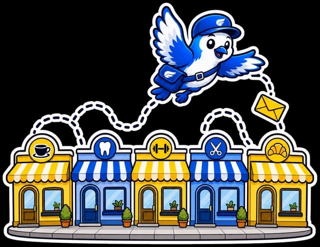The courier bird flies over a row of five small shops, delivering to each one.