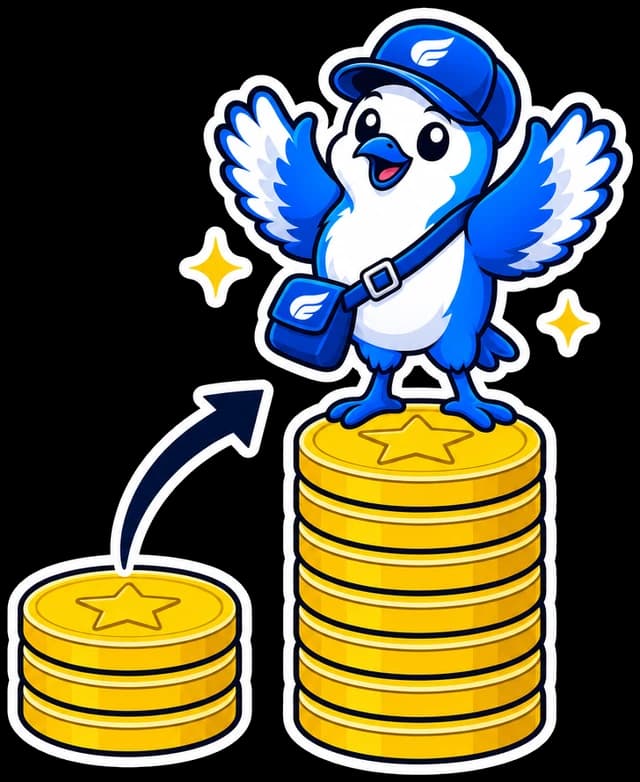 A short stack of coins beside a stack twice as tall, with the courier bird cheering on top of the tall one.