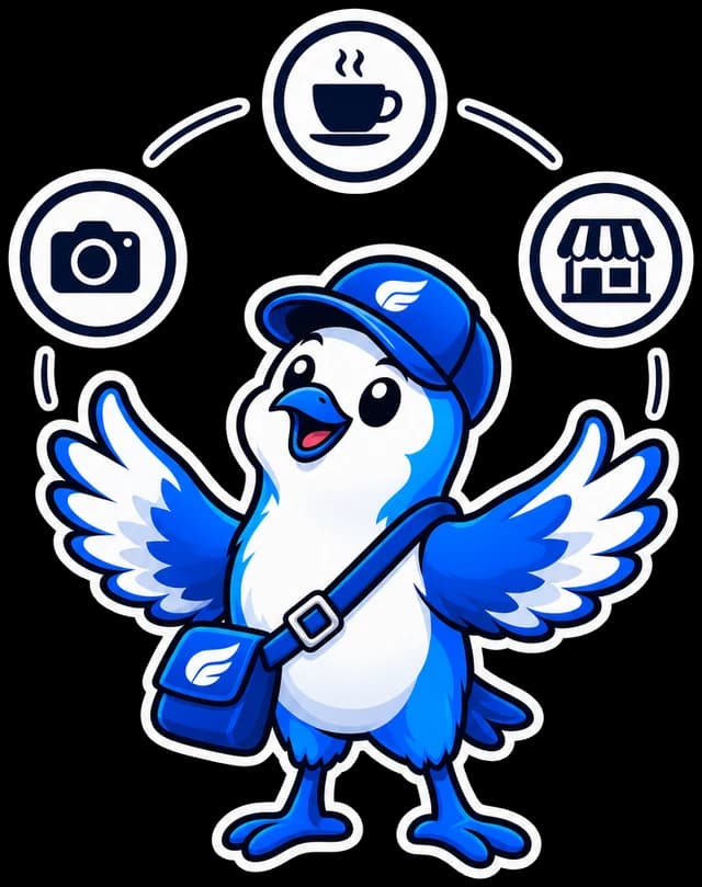 The courier bird juggling three badges: a coffee cup, a camera and a storefront.