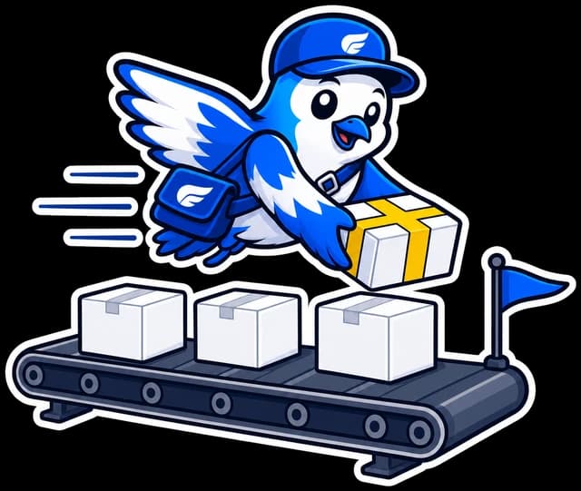 The courier bird flies a parcel past a line of waiting parcels, straight to the front.