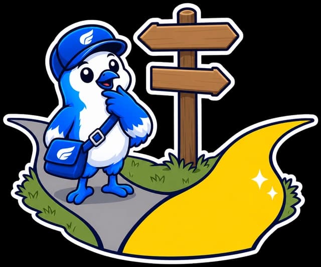 The courier bird stands at a fork in the road, thinking: one road is plain, the other is wider and yellow.