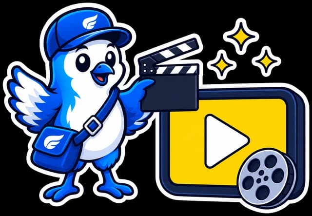 The courier bird as a film director, holding a clapperboard beside a big video screen.