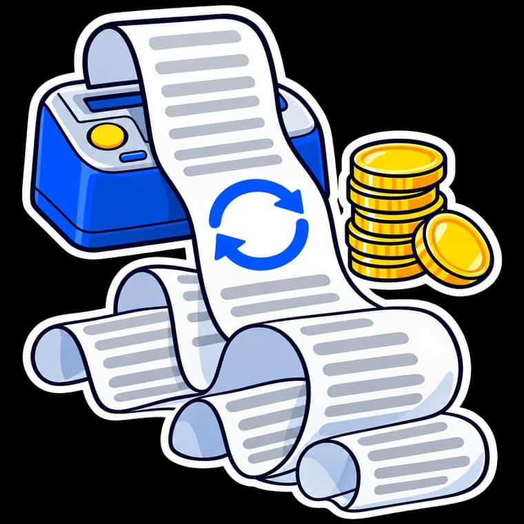 A long invoice curling out of a machine and piling up on the floor beside a repeat symbol.