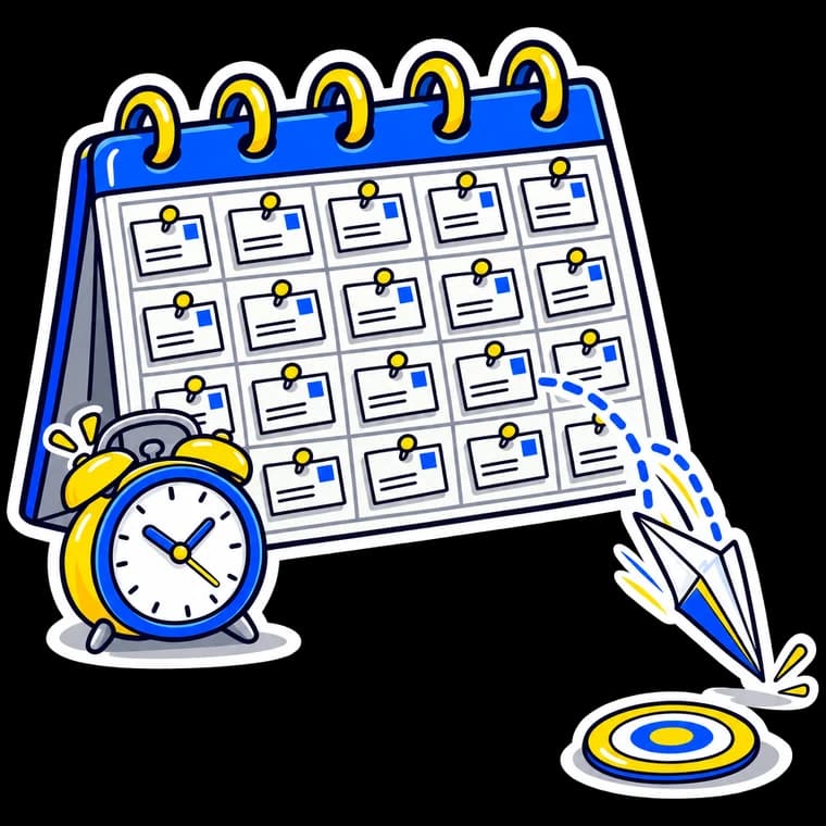 A full posting calendar and an alarm clock, with a paper plane nose-diving past its target.
