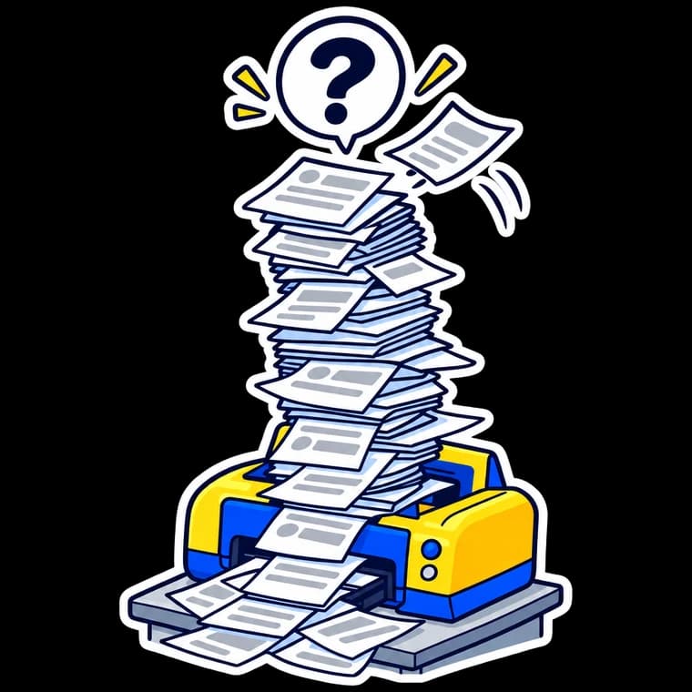 A pile of identical blank posts sliding off a machine under a big question mark.