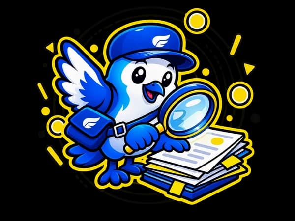 The courier bird reads through a stack of pages with a magnifying glass.