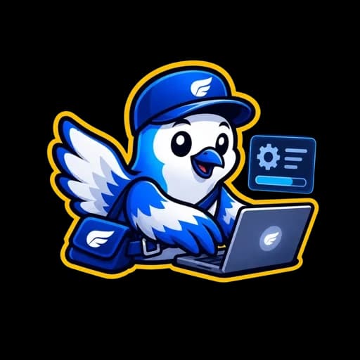 The courier bird works at a laptop.