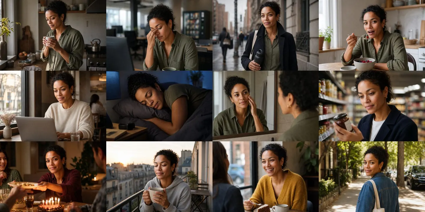 Twelve scenes from the sample documentary: the same presenter at home, at work, on the street and in a shop.