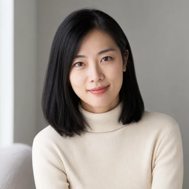 The one photo the app started from: Mei, an AI-made presenter from its library.