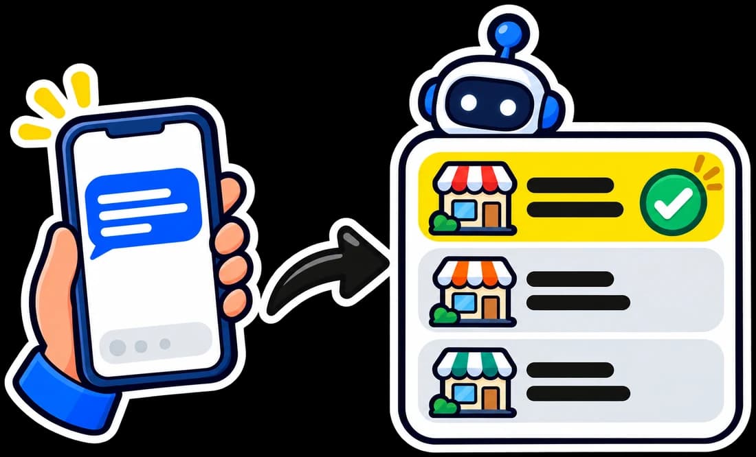 Someone asks an AI assistant a question on their phone, and it answers with a ranked list of three businesses, the first one highlighted.