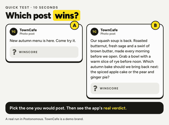 Two versions of a café post. The app scores them: B wins, 50 to 36, then says make it a video.