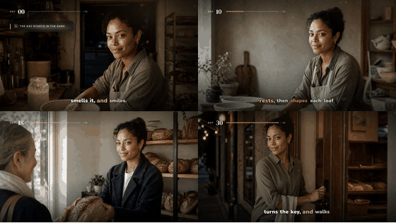 Maya, one of the app's ready-made characters, in four different scenes with the same face.
