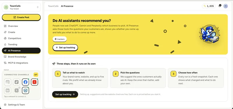 AI Presence: asks AI assistants the questions your customers ask and shows whether your business comes up.