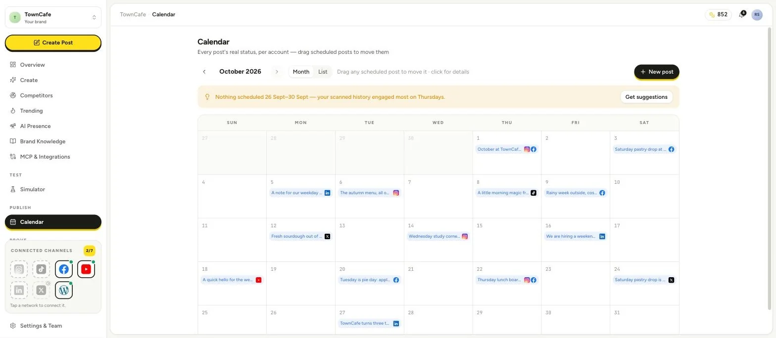 The Postonomous calendar for October: fourteen scheduled posts for a café across Facebook, Instagram, TikTok, YouTube, LinkedIn and X.