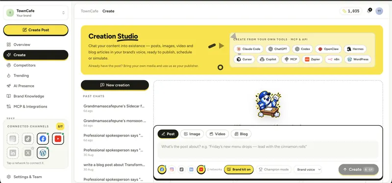 The Creation Studio: chat to create a post, image, video or blog article, with Brand kit, Champion mode and brand voice controls.