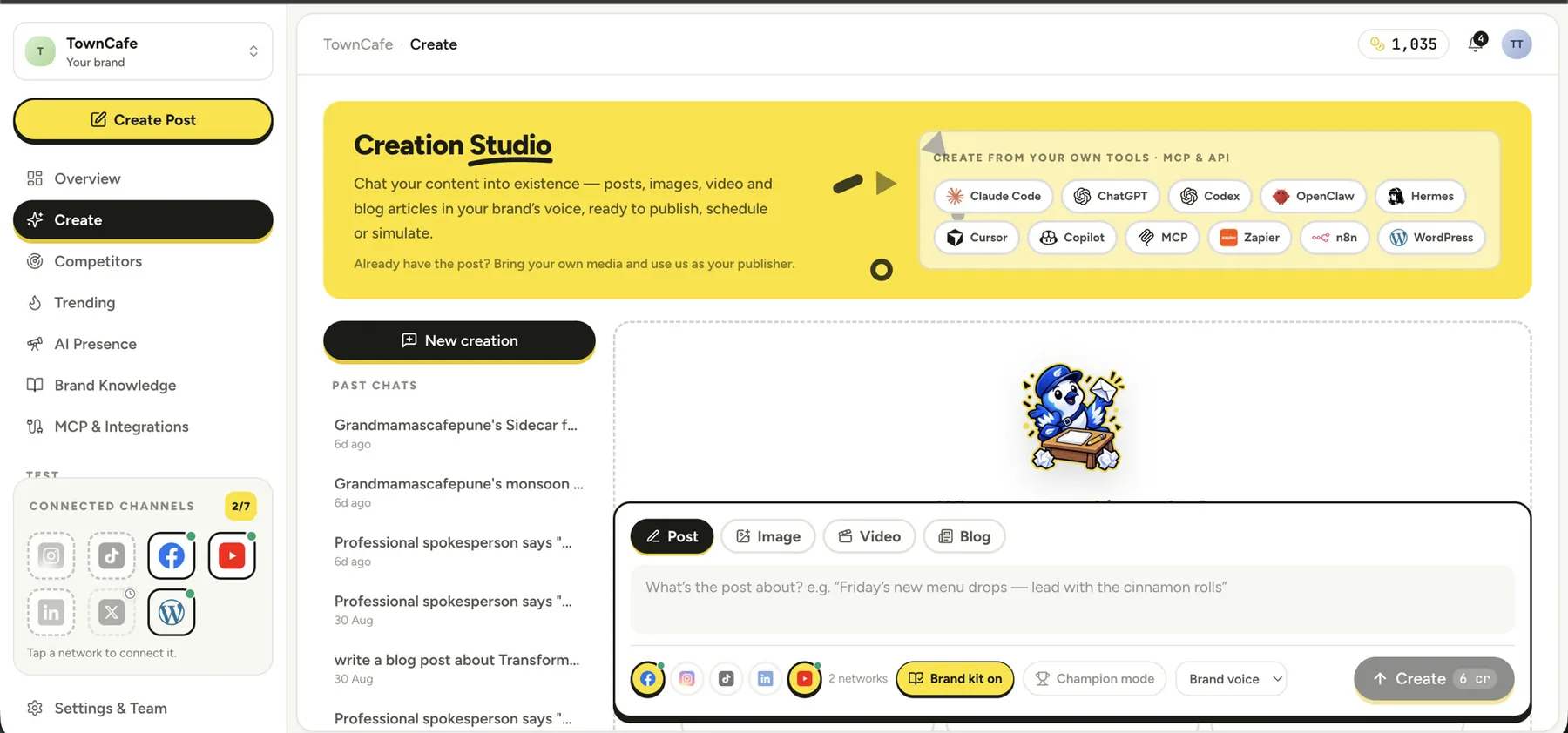 The Creation Studio: chat to create a post, image, video or blog article, with Brand kit, Champion mode and brand voice controls.