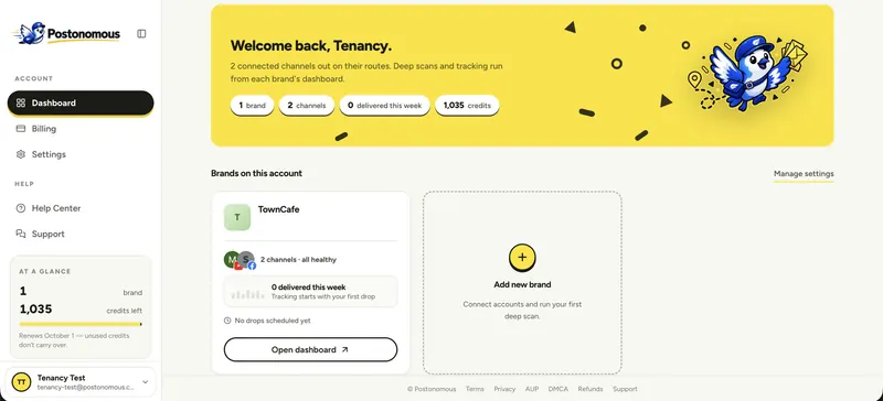The Postonomous dashboard: brands on the account, connected channels, posts delivered this week and credits left.